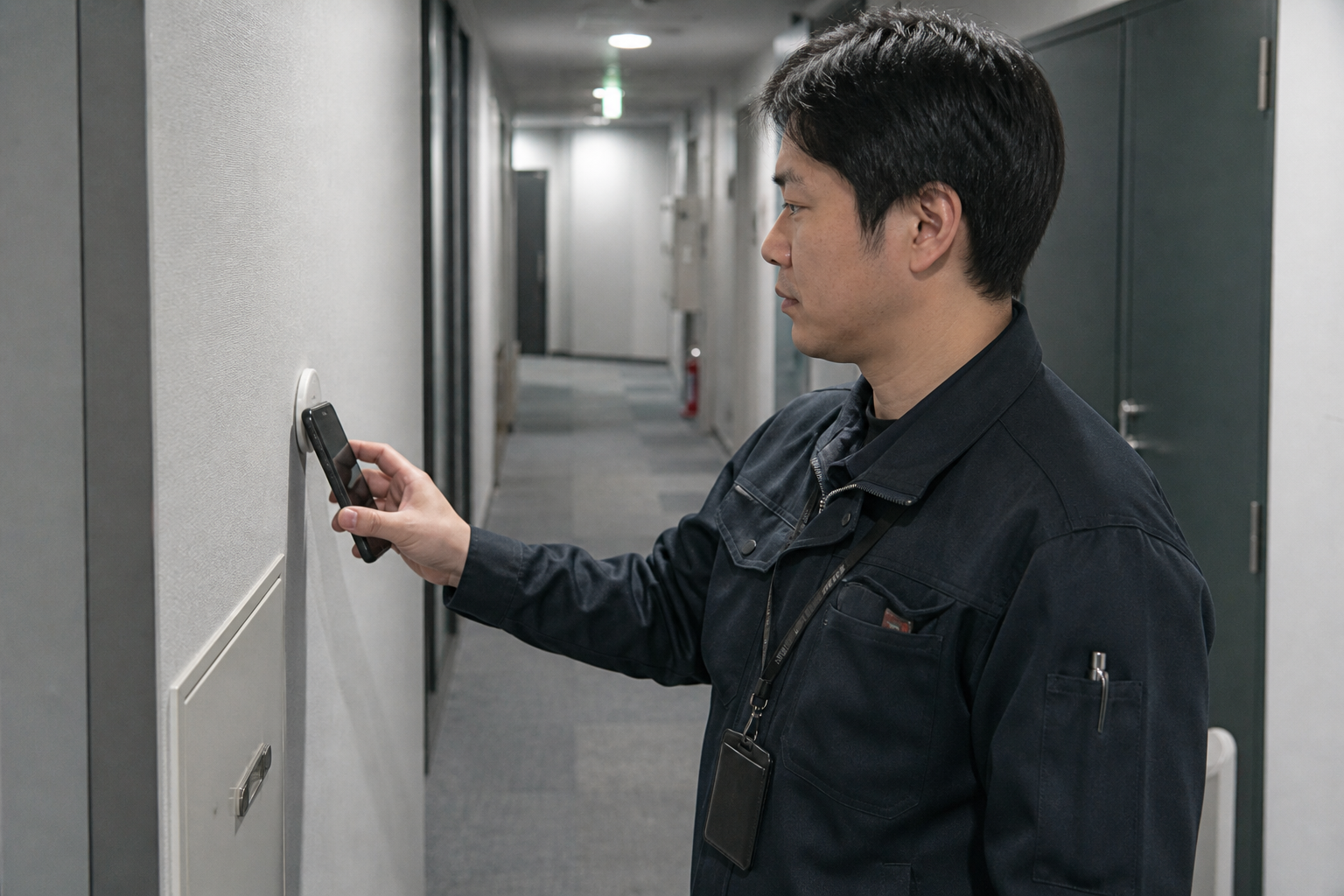 巡回担当者が建物内のNFCポイントへAndroid端末をタッチするイメージ