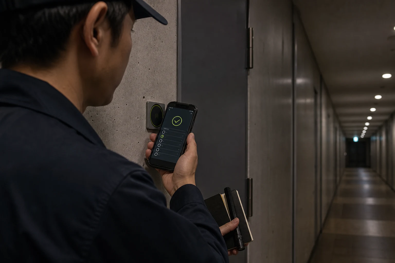 建物内の巡回ポイントでAndroid端末をNFCタグにかざす担当者