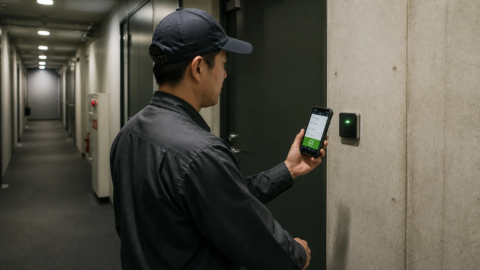 建物内の巡回ポイントでAndroid端末をNFCタグにかざす担当者
